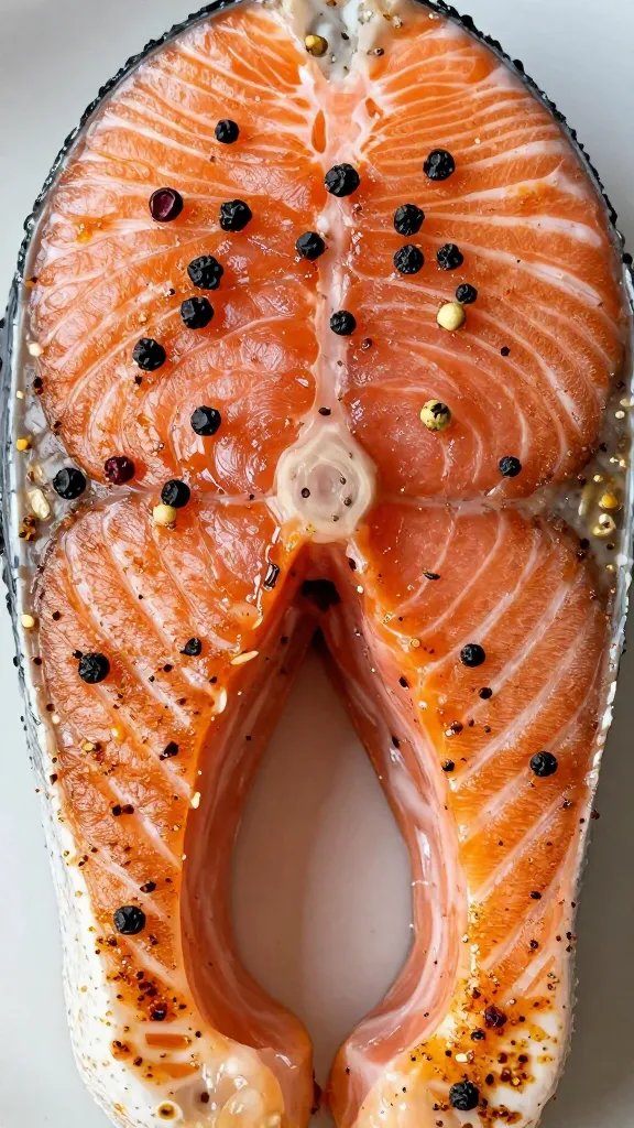 closeup of seasoned salmon with pepper flakes, shallow depth
