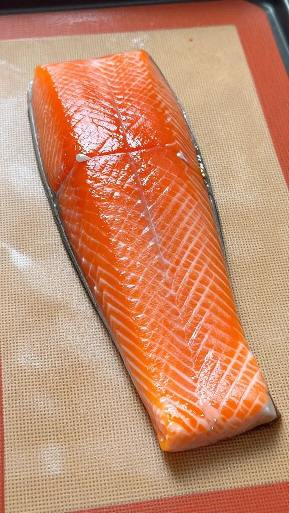 single marinated salmon fillet resting on silicone mat, specular sheen