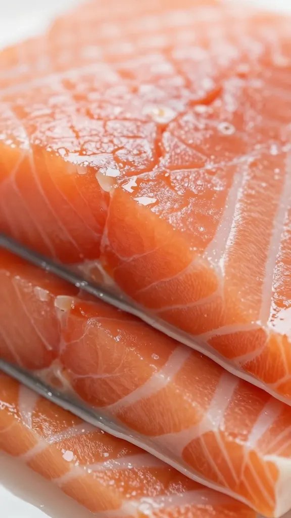 closeup of flaky salmon layers, focus on interior texture