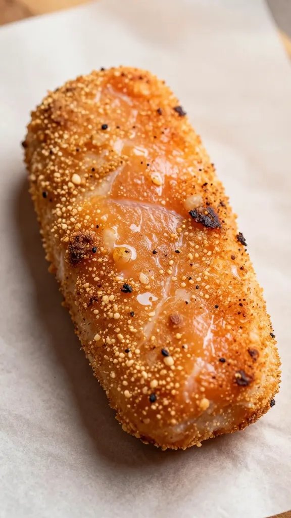 closeup of a single salmon nugget on parchment, light crust