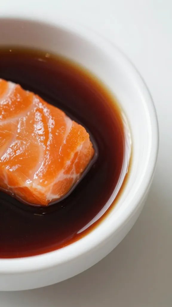 closeup of glossy dipping sauce bowl beside one salmon nugget