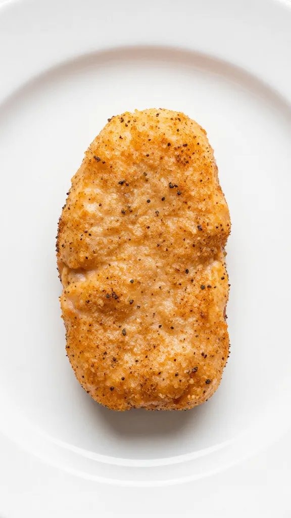 single salmon nugget on white plate with subtle herb specks