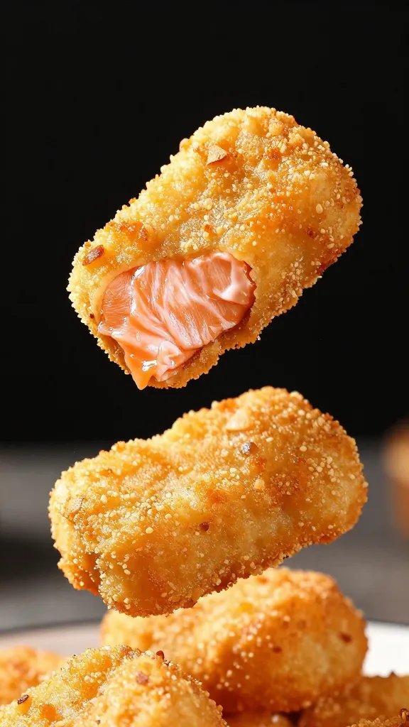 closeup of crispy salmon nugget mid-air after a bite