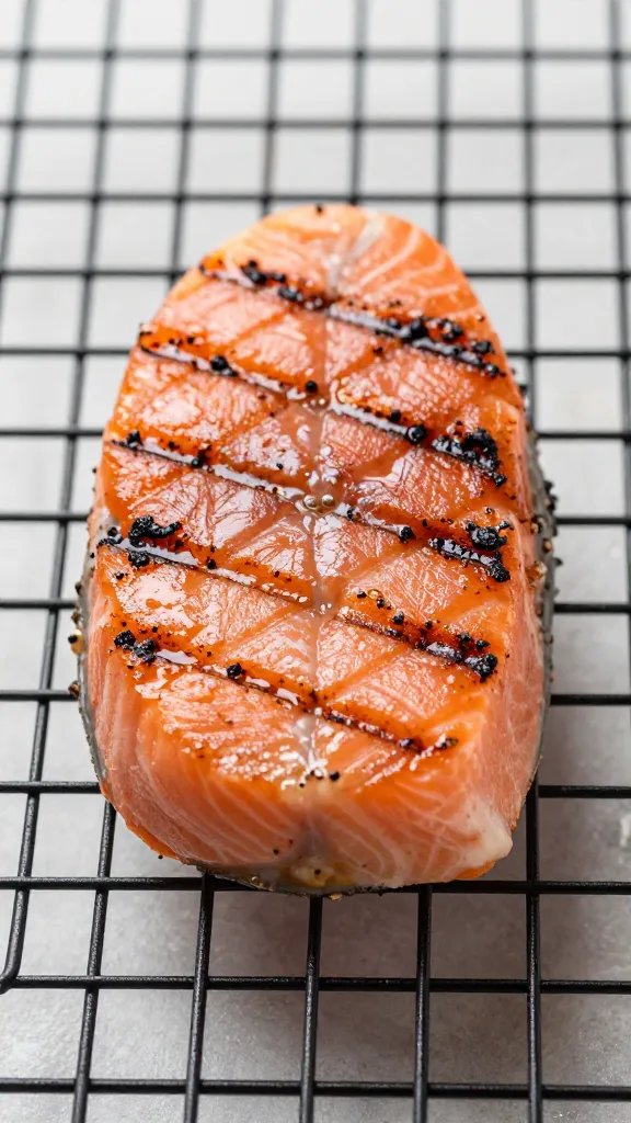 single salmon nugget on cooling rack with grill marks