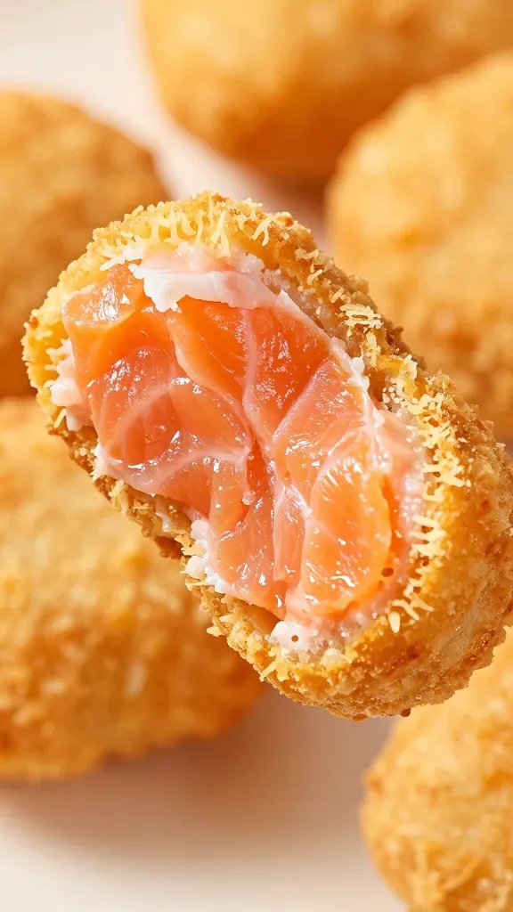 closeup of flaky salmon interior after biting open one nugget