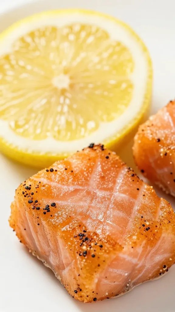 closeup of lemon wedge beside one salmon nugget