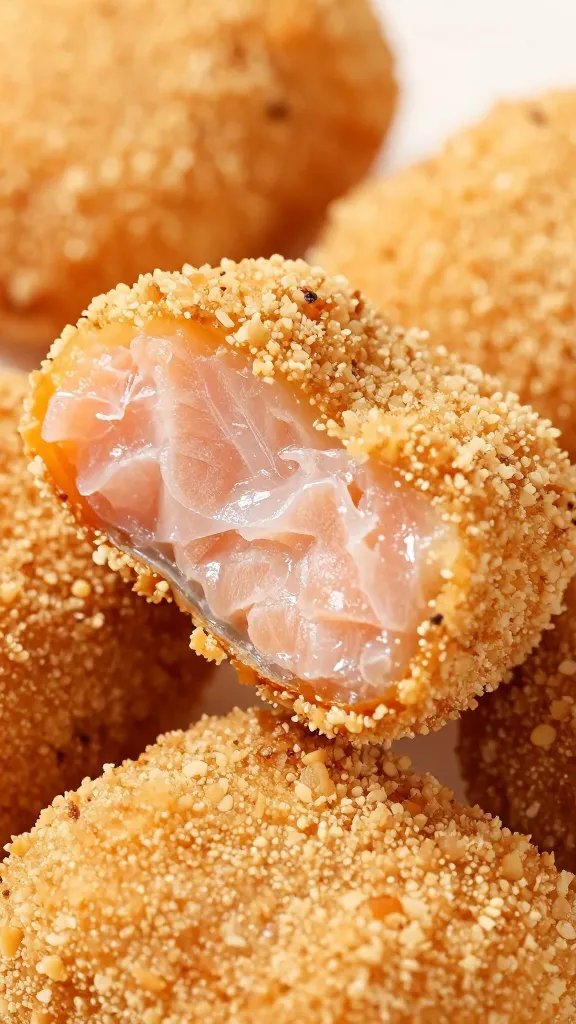 closeup of salmon nugget’s light crust and moist interior detail