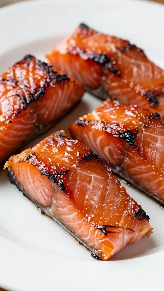 Closeup of glossy salmon burnt ends on a white plate