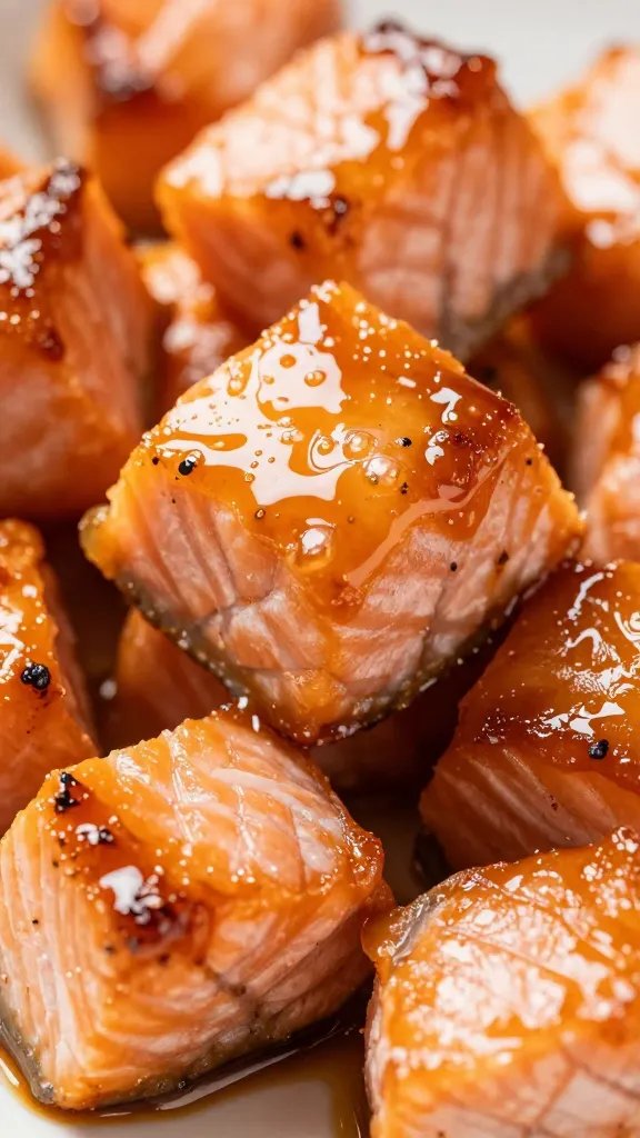 Macro shot of thick-cut salmon cubes glazed caramelized