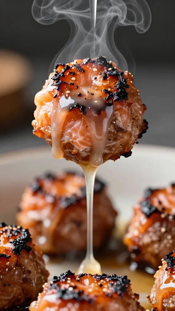 Closeup of smoky glaze dripping from salmon burnt ends