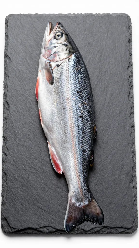 Portrait shot of a single salmon burnt end on slate board