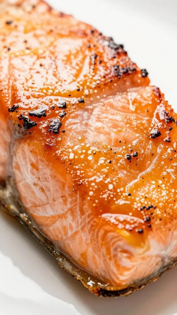 High-contrast closeup of caramelized salmon bite under light