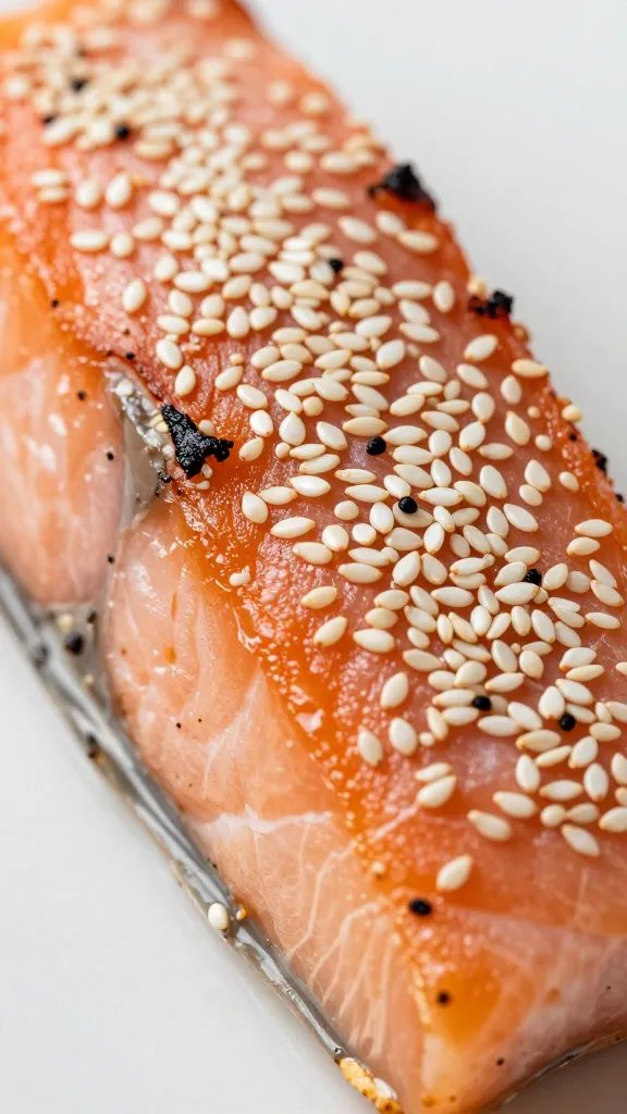 Closeup of sesame seeds sprinkled on salmon burnt end
