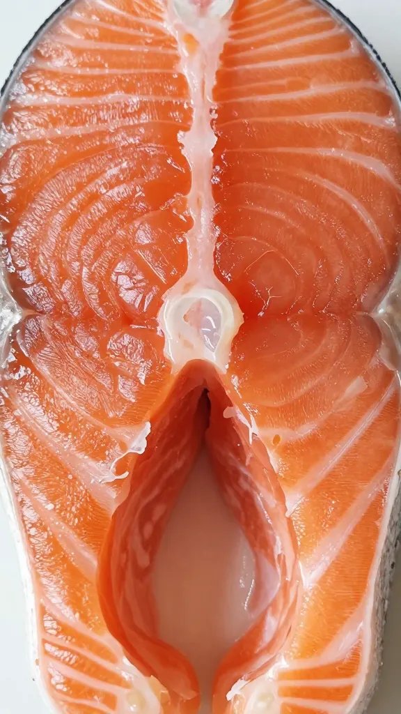 Closeup of flaky interior texture in a single salmon bite