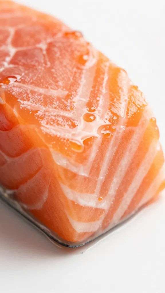 Macro of glaze clinging to edge of salmon cube