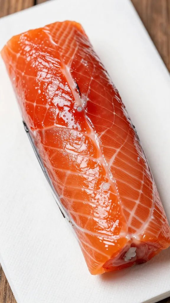 Closeup of glossy finish on a lone salmon burnt end on napkin