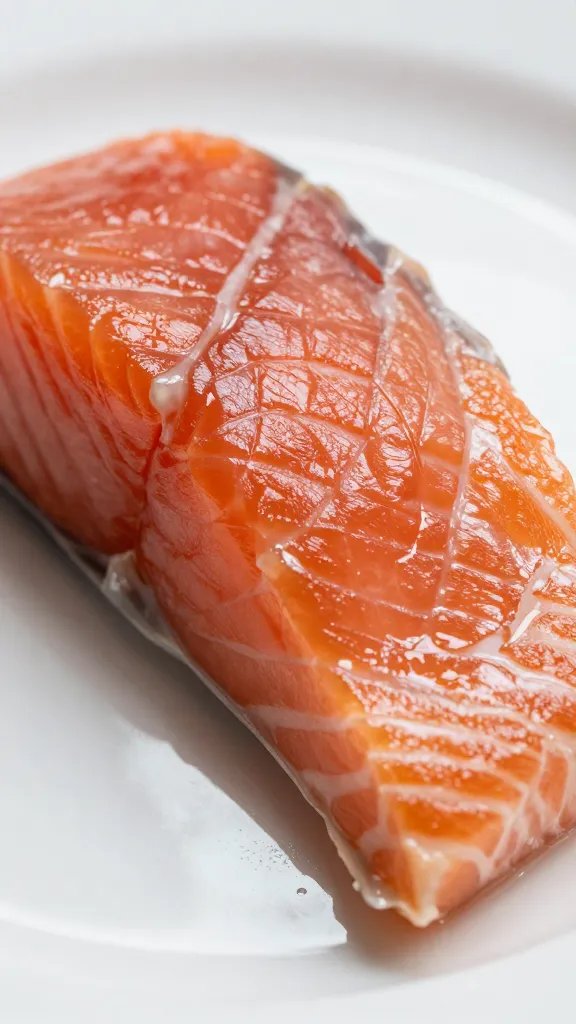 closeup of glossy salmon bite with lacquered glaze on white plate