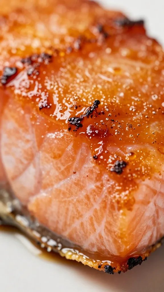 macro shot of crispy salmon edge with caramelized glaze