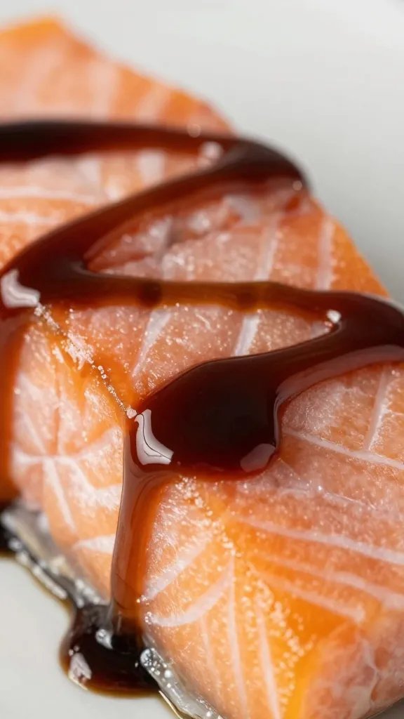 closeup of soy glaze Drizzle on tender salmon bite surface