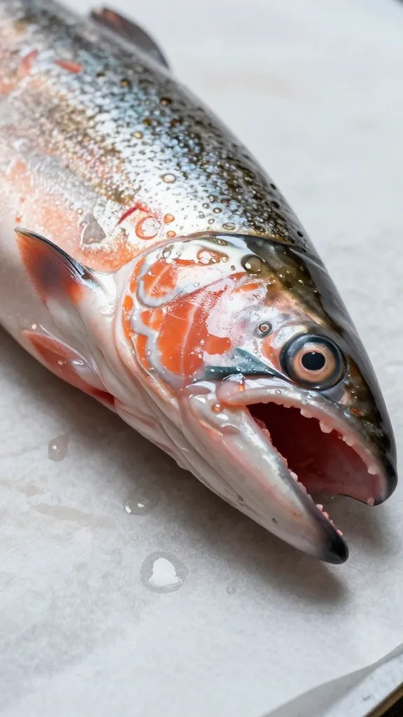 closeup of single salmon bite resting on parchment with shine