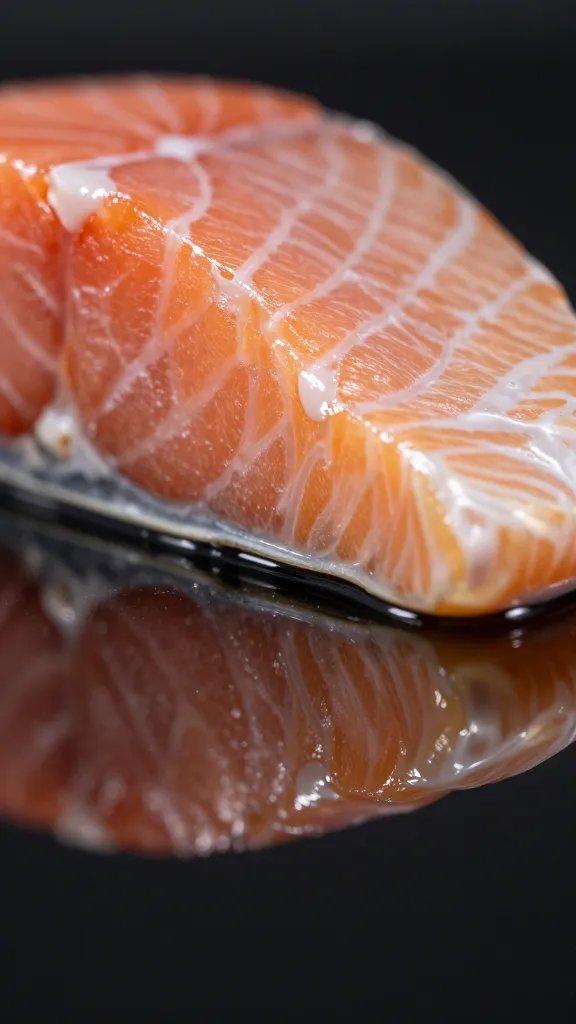 macro of flaky salmon texture under glaze reflection