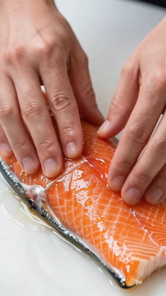 closeup of patting dry salmon before glaze, hands only