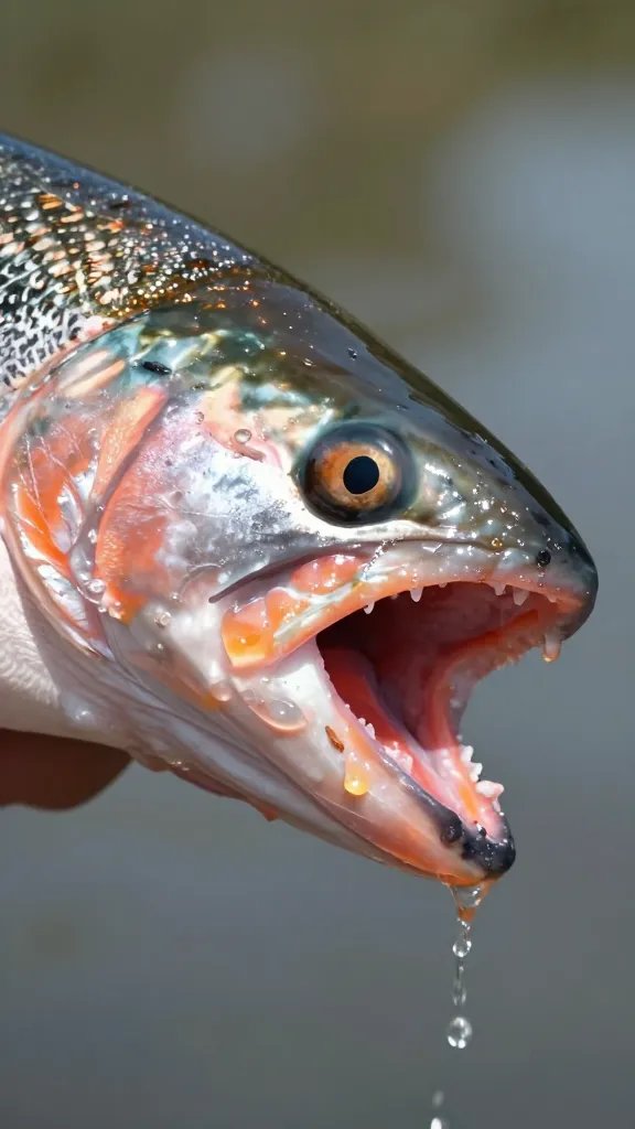 side-angle closeup of salmon bite with glossy coating