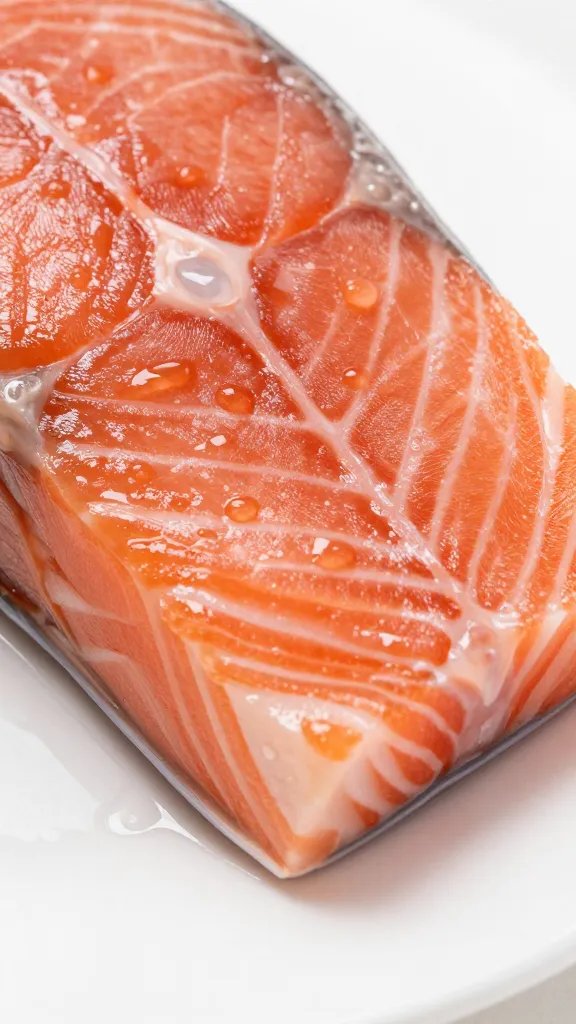 closeup of salmon bite with condensation droplets on plate