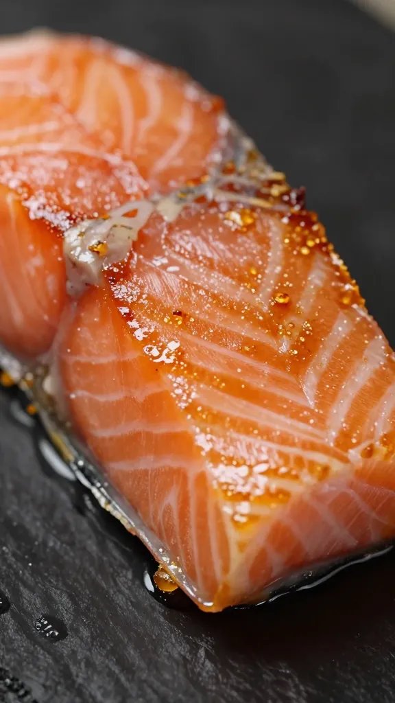 closeup of single salmon bite with crisp outer caramelization