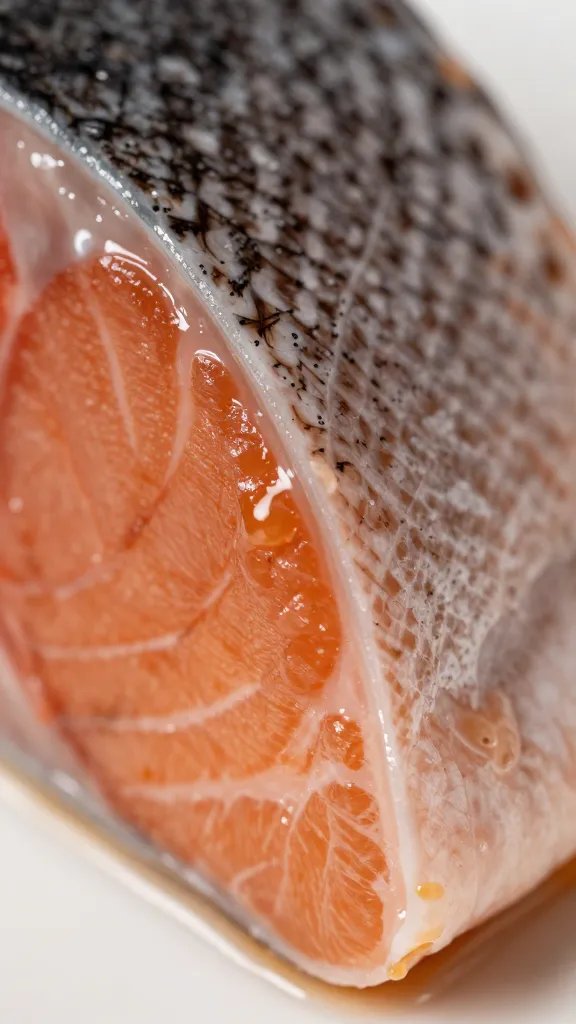 macro shot of glaze clinging to salmon edge, shallow depth