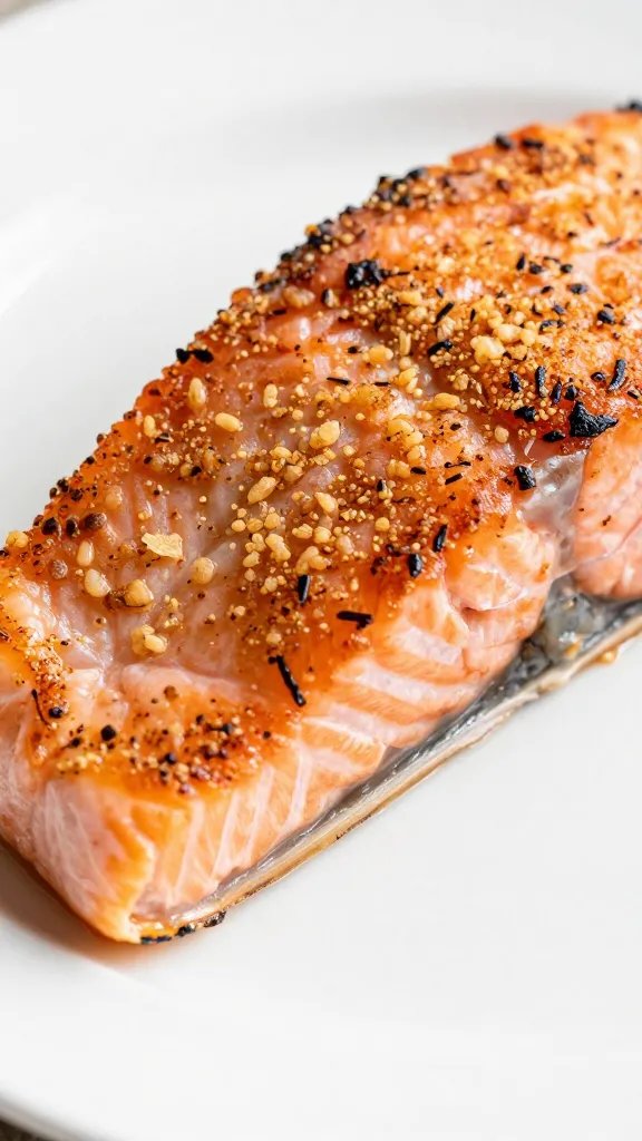 closeup of blackened salmon bite on white plate, crisp crust detail