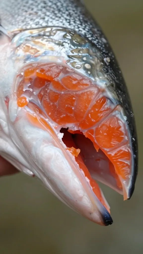 closeup of single salmon bite, flaky interior visible