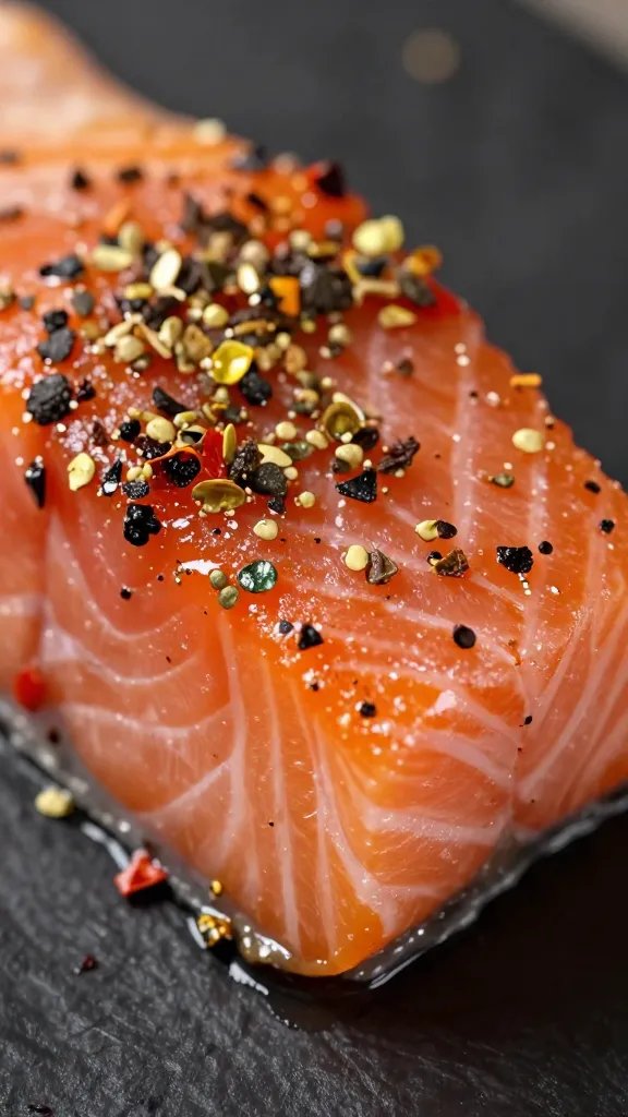 closeup of glossy spice crust on salmon bite, metallic dark peppers