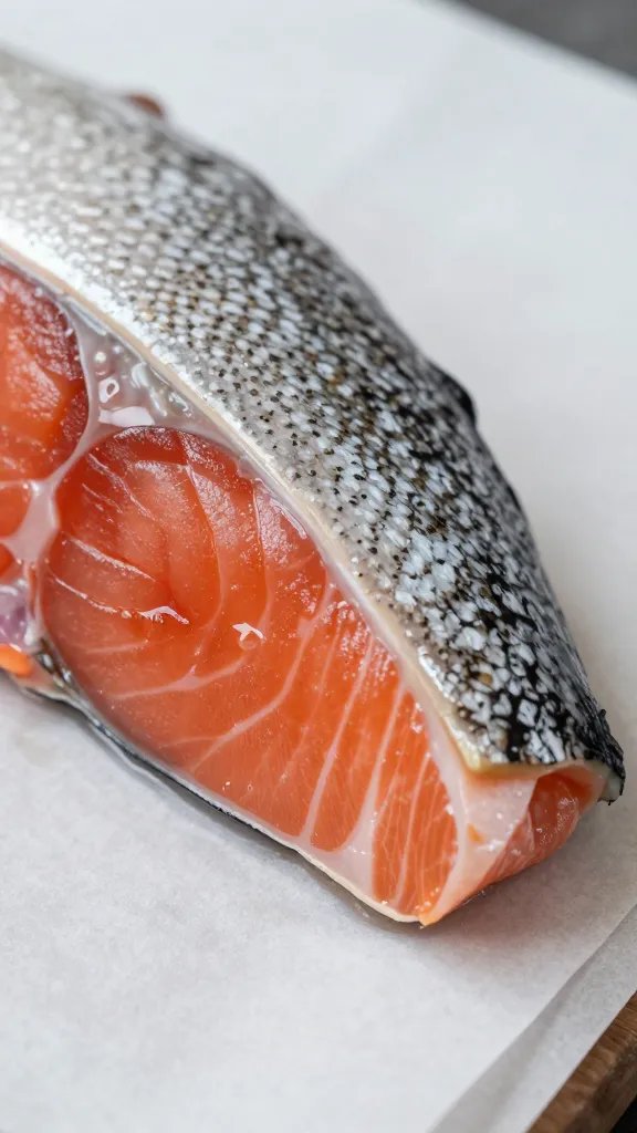 side-angle closeup of salmon bite resting on parchment, crisp edges