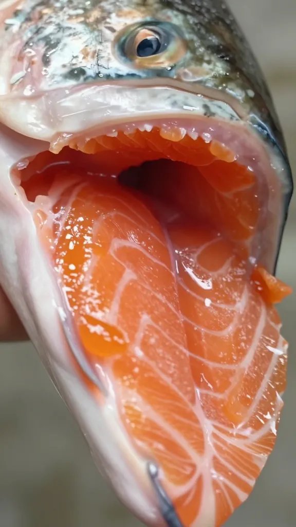 closeup of salmon bite with faint oil spray sheen under light