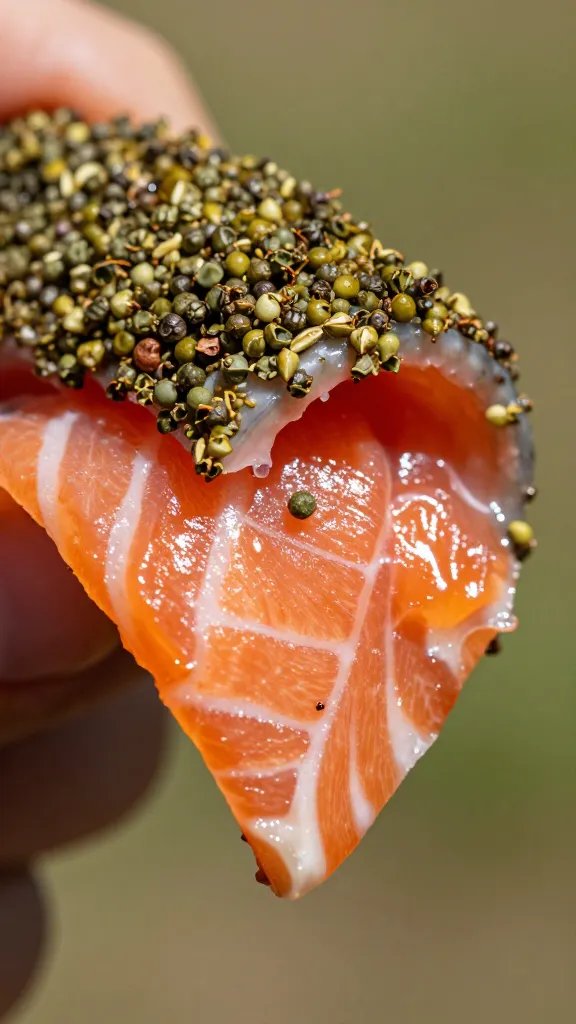 macro shot of a single salmon bite with peppery crust texture