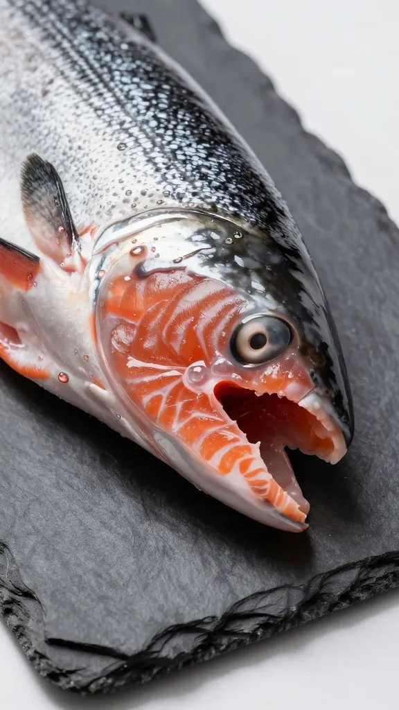 closeup of salmon bite on slate board, dark crust contrast