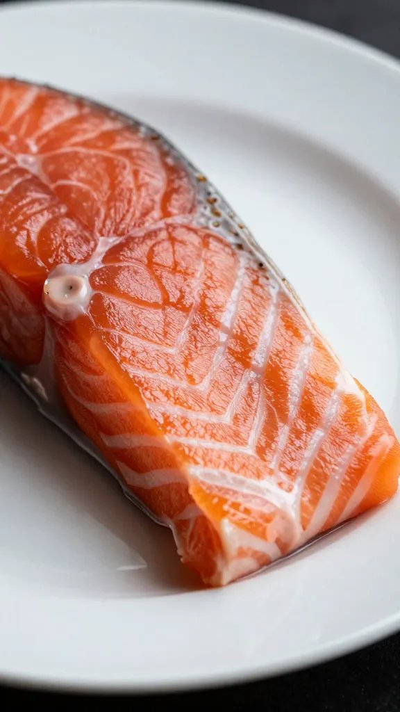 closeup of salmon bite on a plain white plate, dramatic lighting