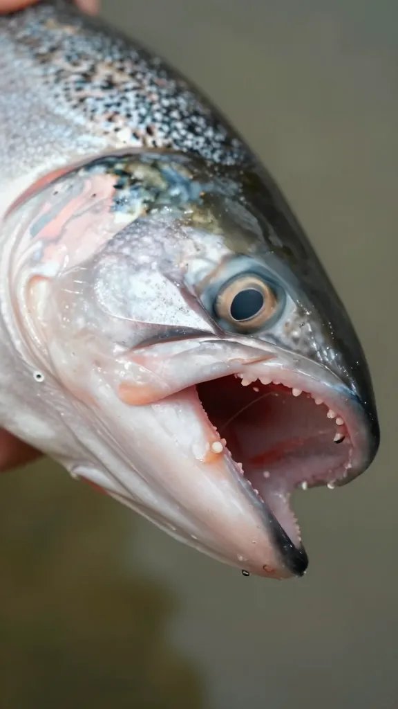 closeup of salmon bite with micro-crust detail, shallow depth
