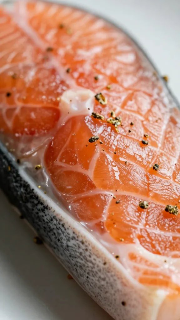 closeup of salmon bite with tiny flakes of herbs on crust