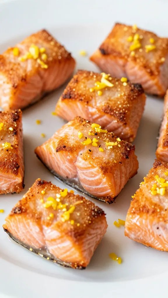 closeup of crispy salmon bites on white plate, lemon zest sparkles