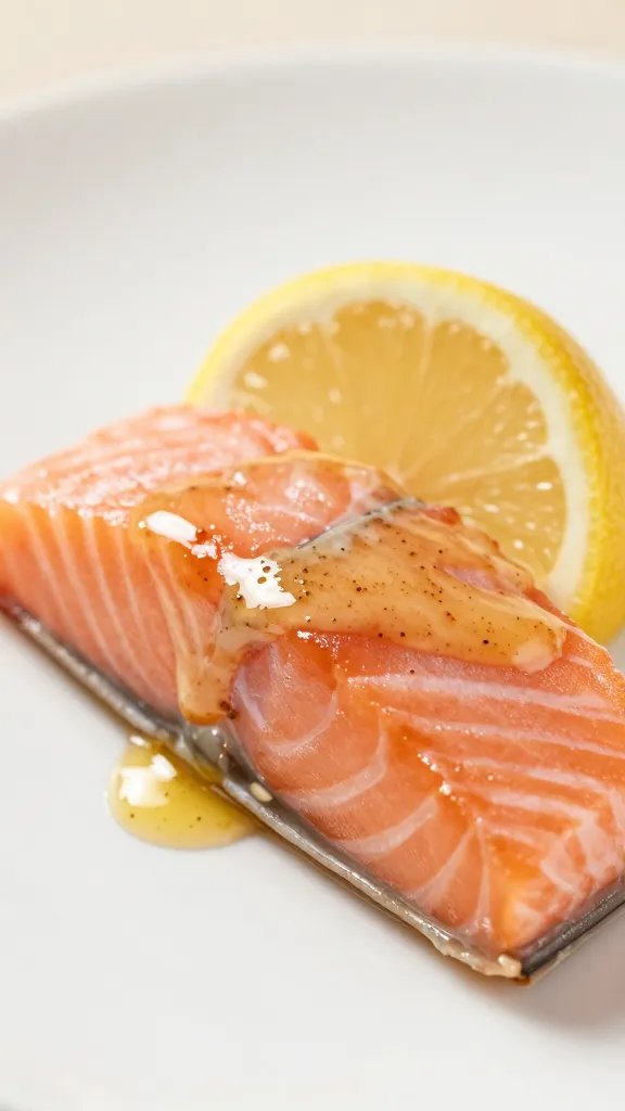 closeup of glossy lemon pepper glaze on a single salmon bite