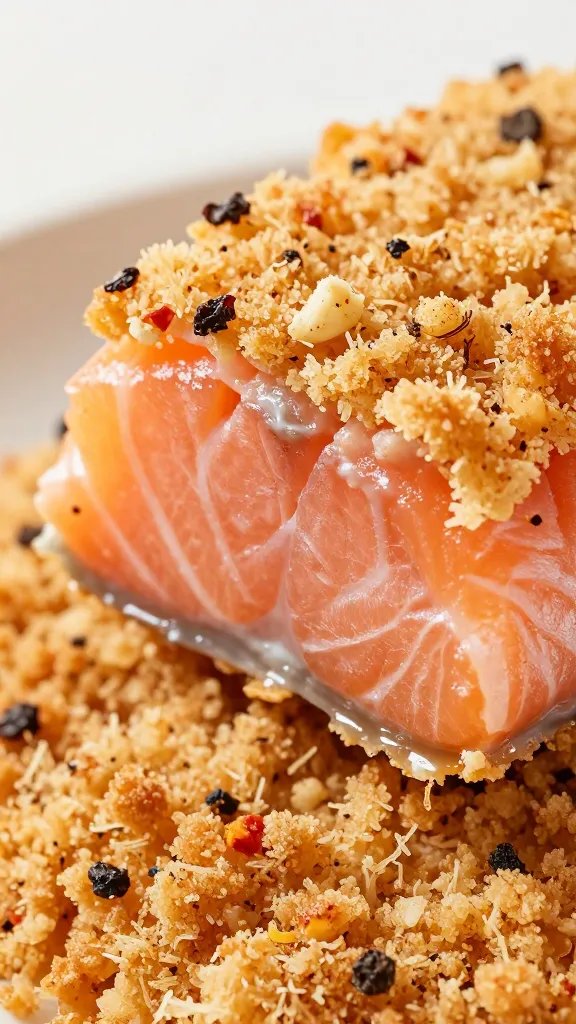 closeup of flaky salmon bite with crisp crust, pepper specks