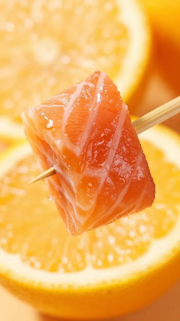 closeup of salmon bite skewered on a toothpick, bright citrus backdrop