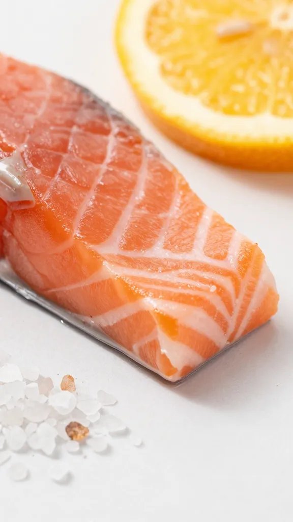 closeup of salt flakes and citrus slice beside a single salmon bite