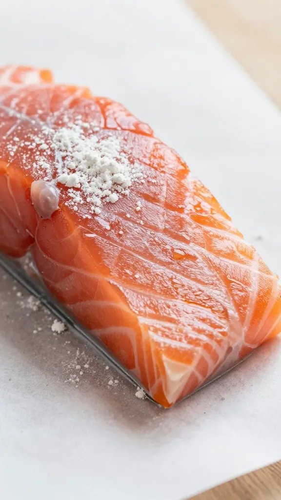 closeup of salmon bite resting on parchment with baking powder dust