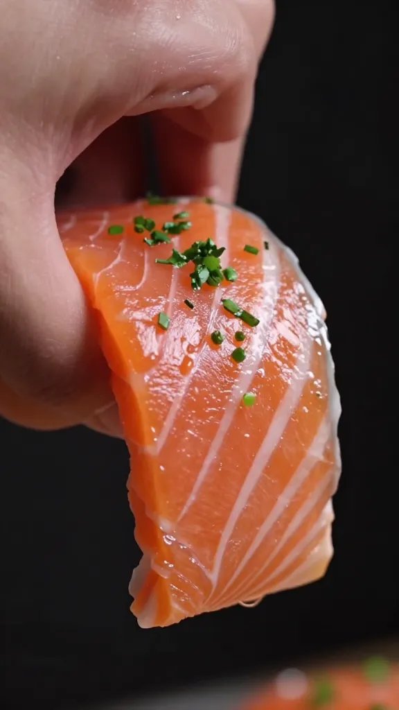 closeup of a single salmon bite with green herb garnish and high contrast