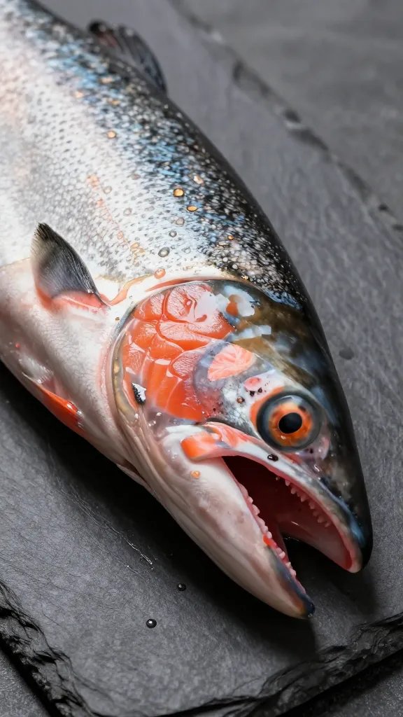 closeup of a salmon bite on a dark slate plate, punchy lighting