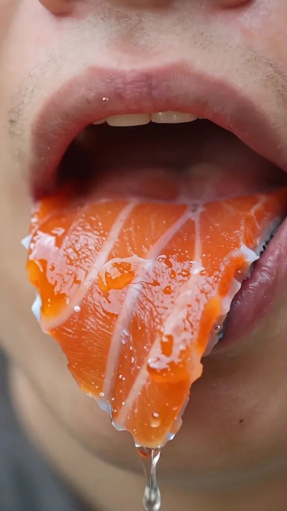closeup of a single salmon bite with micro-details of crust and juice