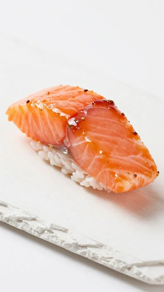 closeup of glazed spicy salmon bite on white slate